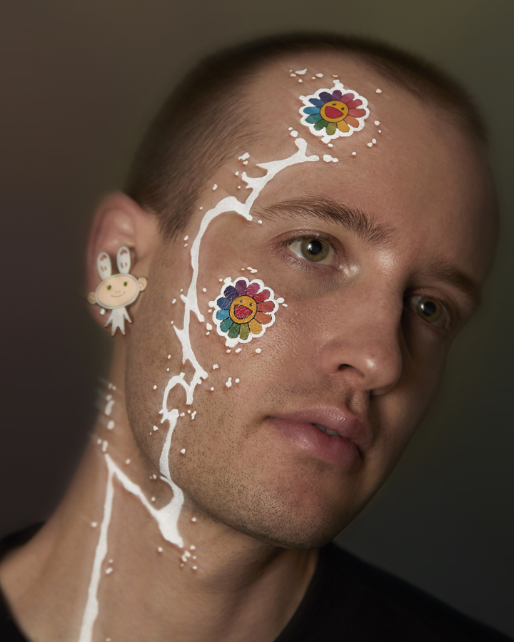 Jesse Clark from the neck up with a Takashi Murakami inspired makeup design